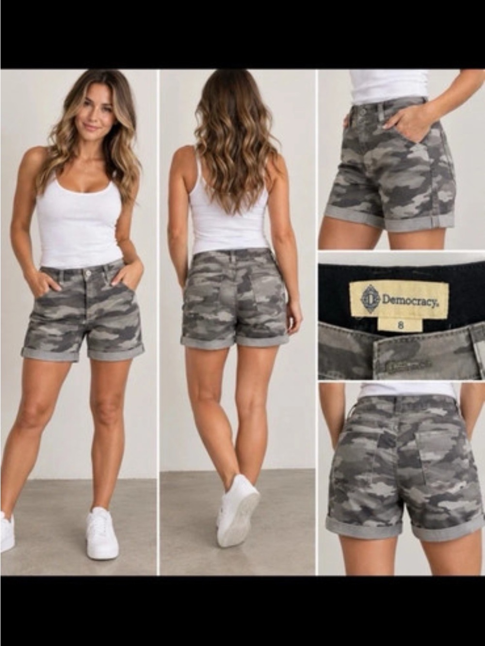 Democracy Olive Gray Camo Roll-Cuff Cargo Shorts